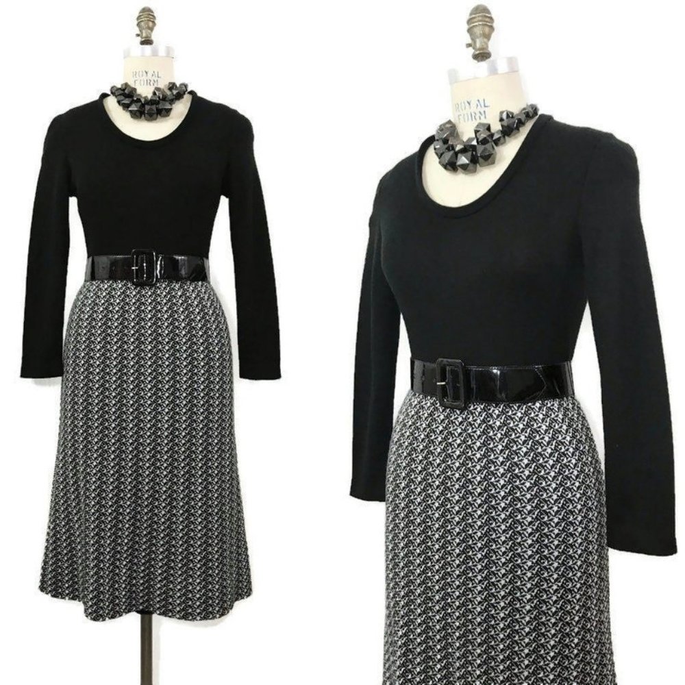 Vintage 70s Frank Usher Dress Black White Knit Dress